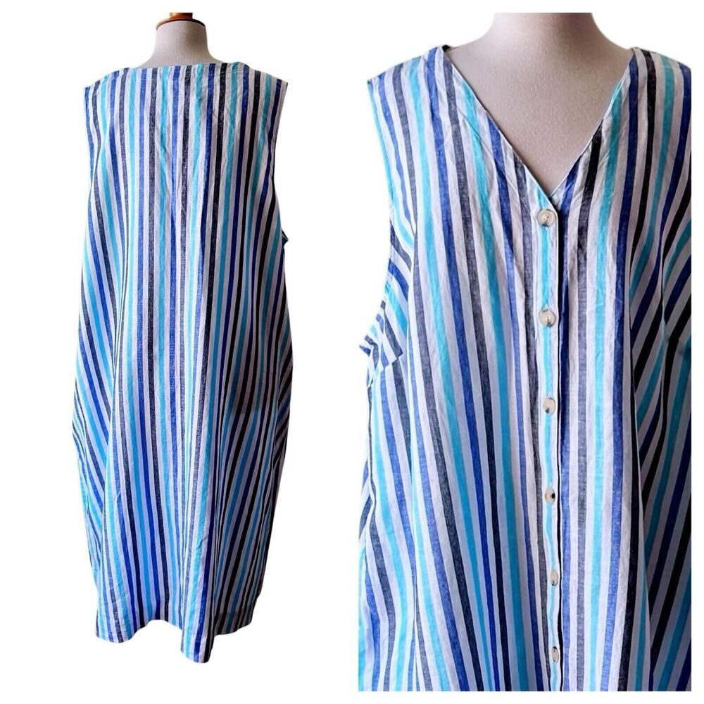 NWT Liz Claiborne Striped Blue White Linen Cotton Sleeveless Dress - Picture 4 of 9